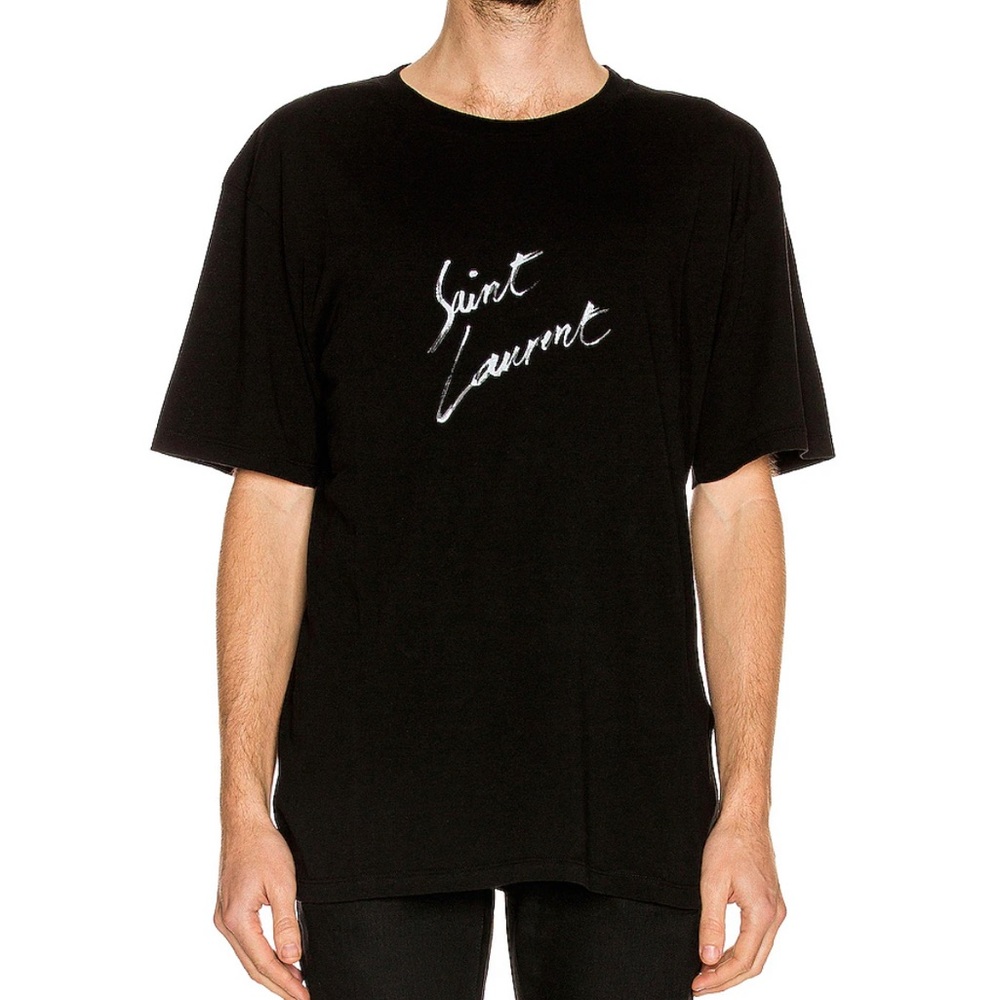 Saint Laurent Black T-Shirt with White Script Logo